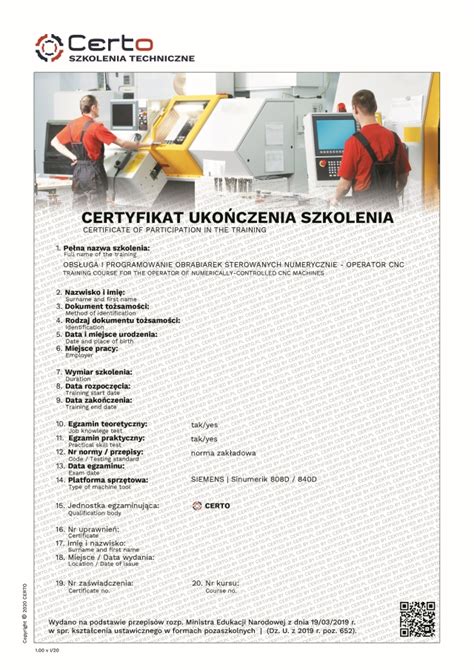Operator CNC z certyfikatem .